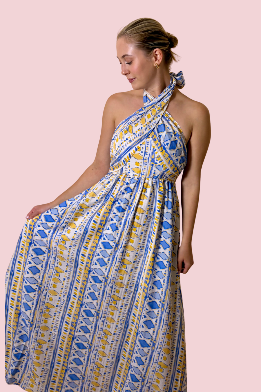Island Print Blue and Yellow Printed Halter Maxi Dress with Flowy Skirt