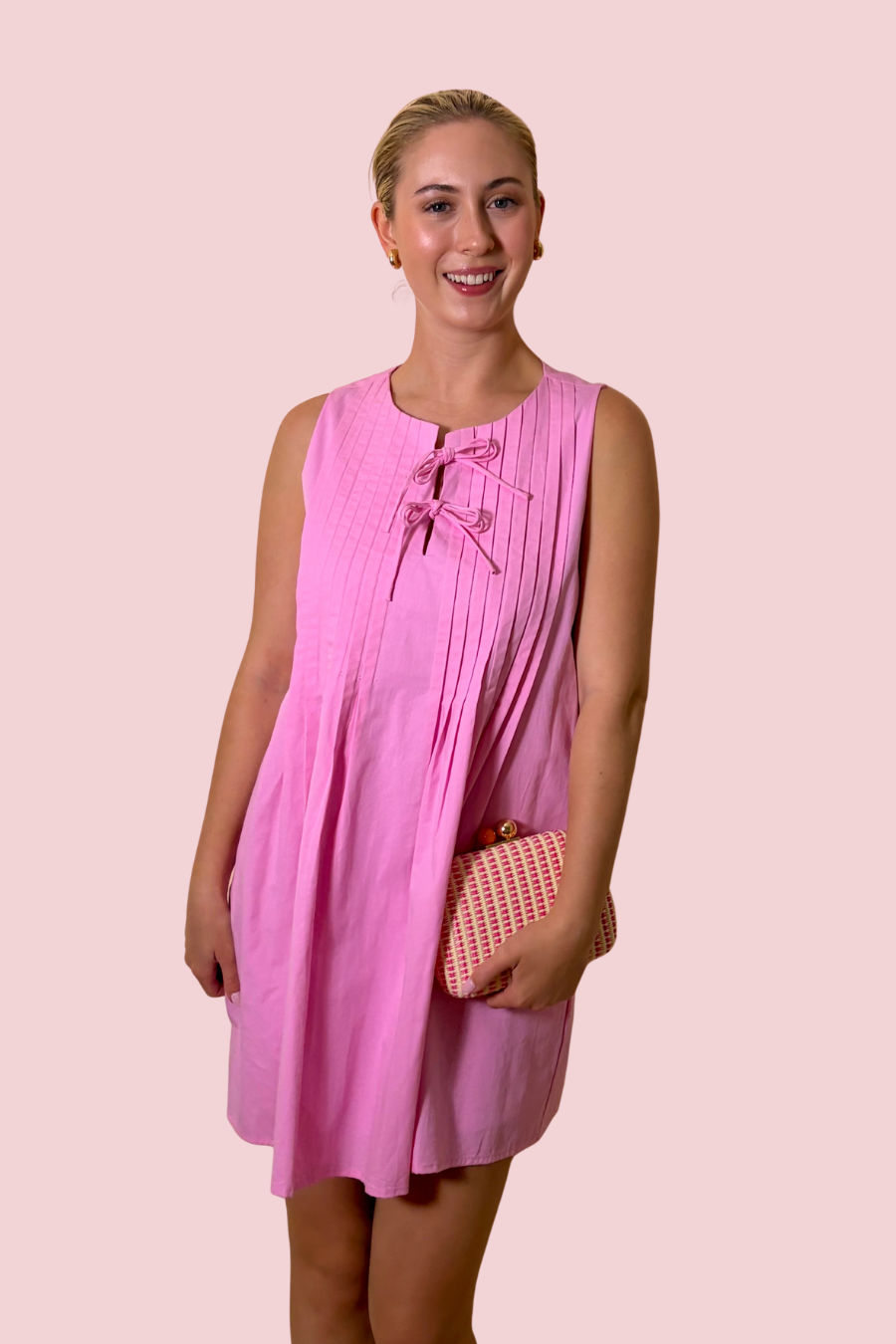 Sweet Detail A-Line Mini Dress with Pleated Front, Bow Detail and Lightweight Fabric