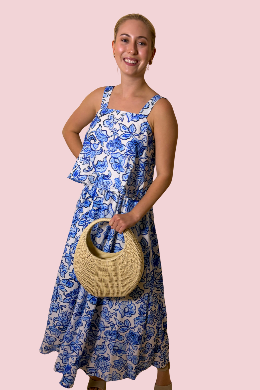 Porcelain Bloom Blue Floral Print Tank Top with Wide Straps and Flowy Fit