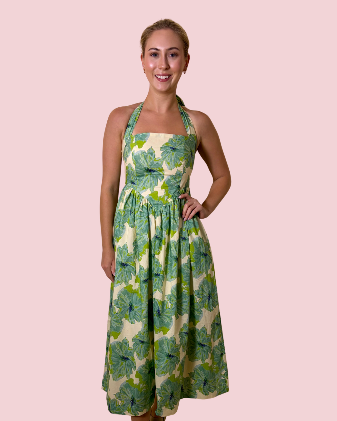 Bloom Where You Are Floral Halter Maxi Dress with Fitted Bodice and Full Skirt