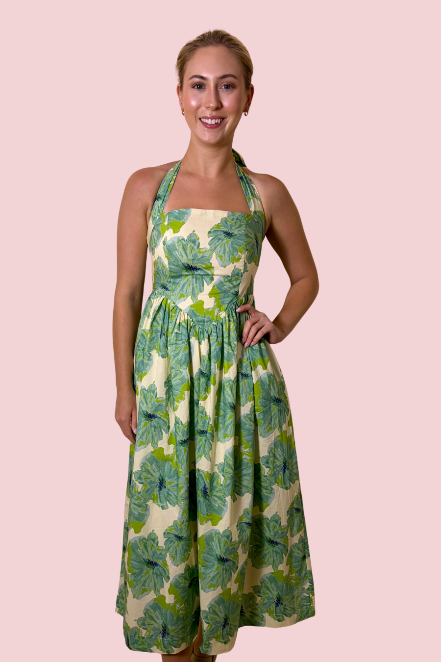 Bloom Where You Are Floral Halter Maxi Dress with Fitted Bodice and Full Skirt