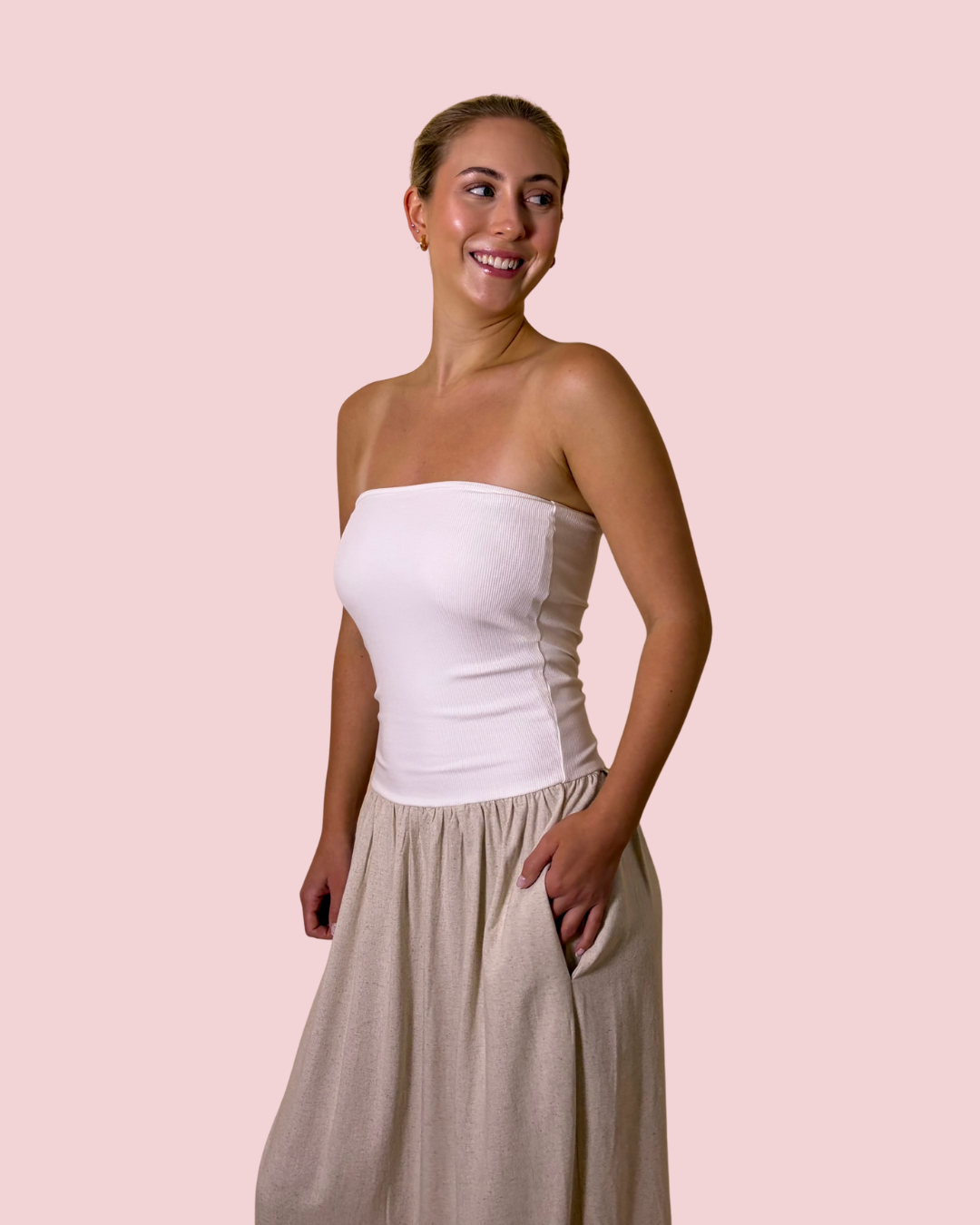 Soft Horizons Strapless Smocked Maxi Dress with Flowy Linen Blend Skirt