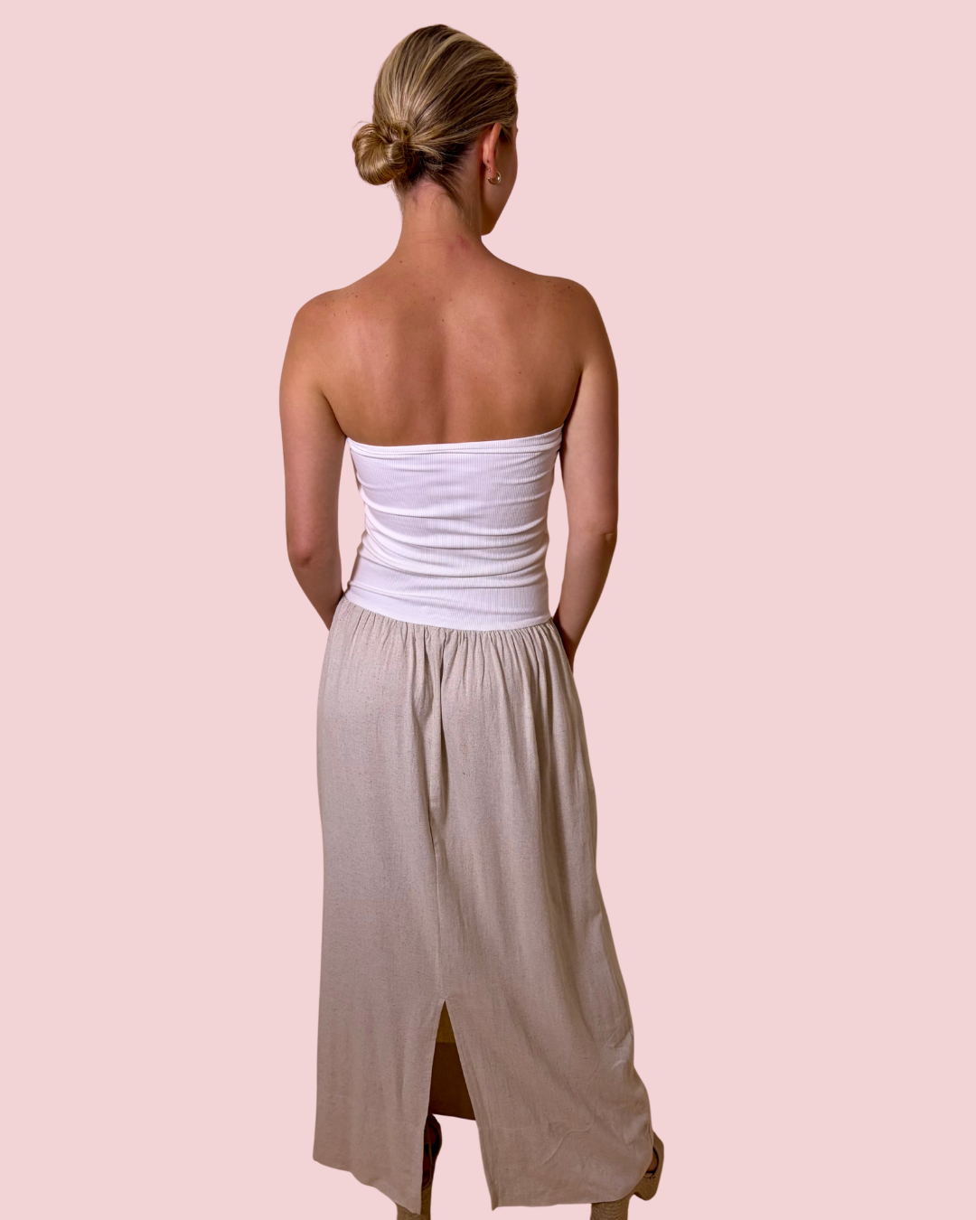 Soft Horizons Strapless Smocked Maxi Dress with Flowy Linen Blend Skirt