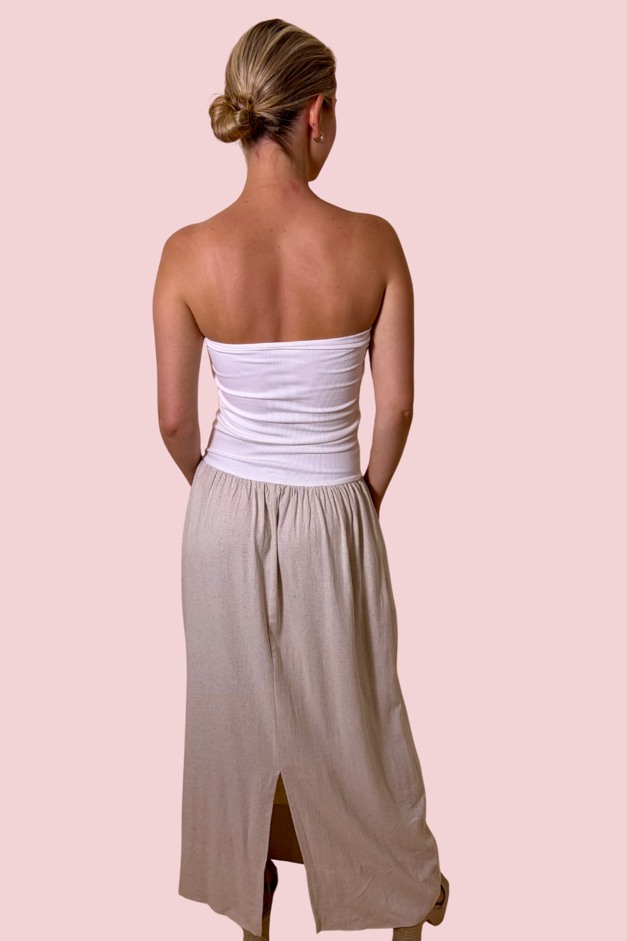 Soft Horizons Strapless Smocked Maxi Dress with Flowy Linen Blend Skirt