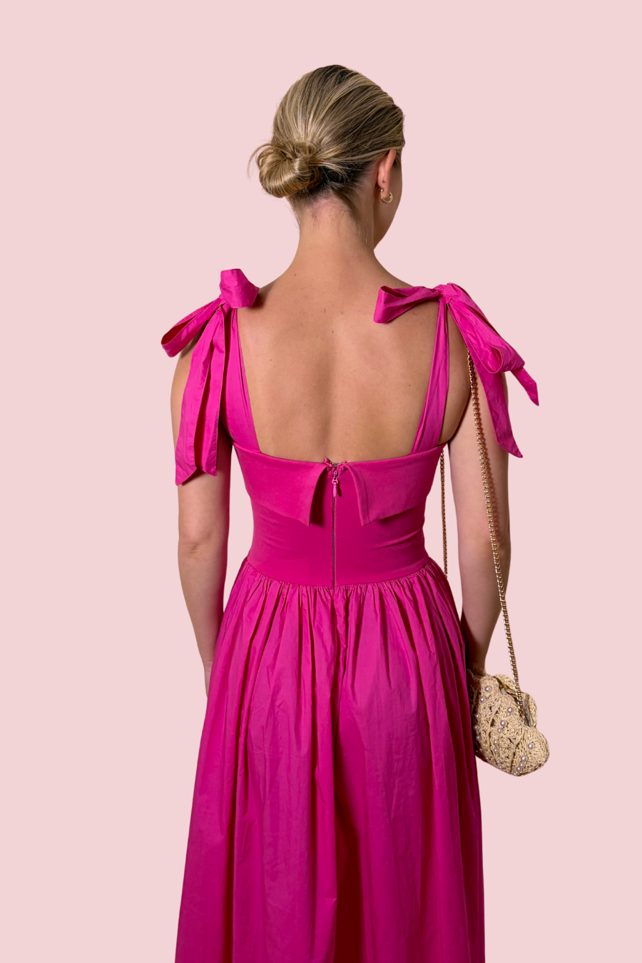 Turning Heads Pink Maxi Dress with Bow Tie Shoulder Straps and Full Skirt