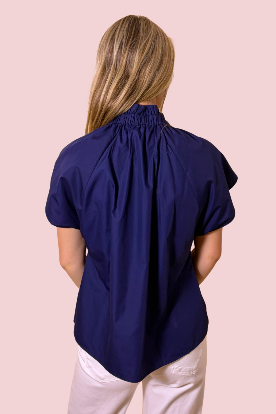 Always a Favorite Ruffle Mock Neck Cap Sleeve Blouse with Popover Front
