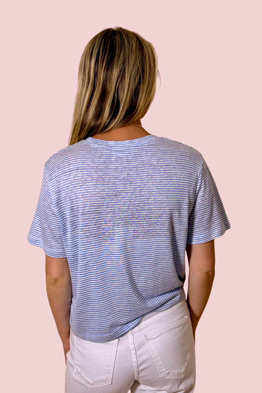 Weekend Uniform Blue and White Striped Short Sleeve Knit Tee