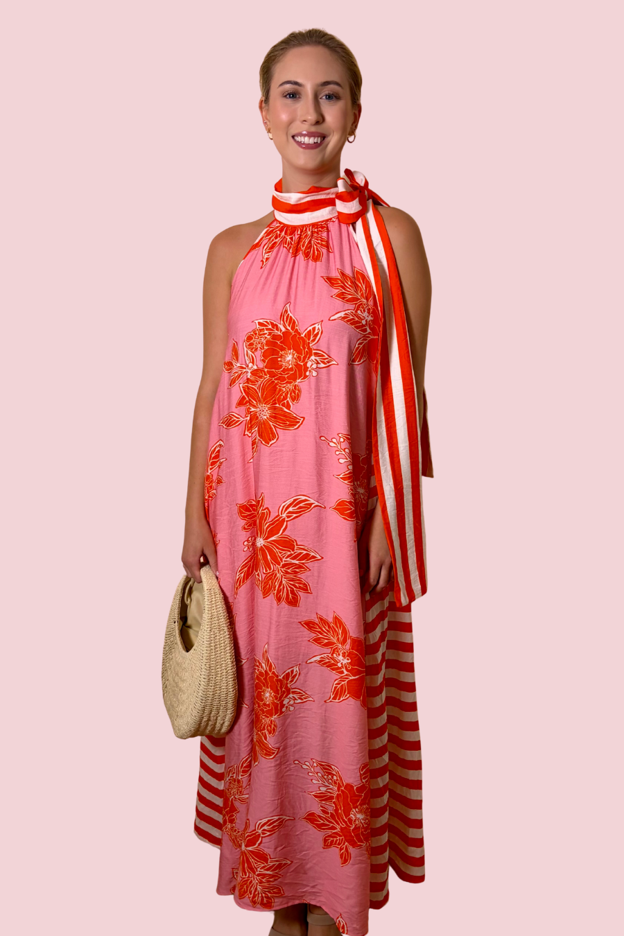 La Dolce Vita Women’s Floral Print Halter Maxi Dress with Striped Scarf Tie Detail