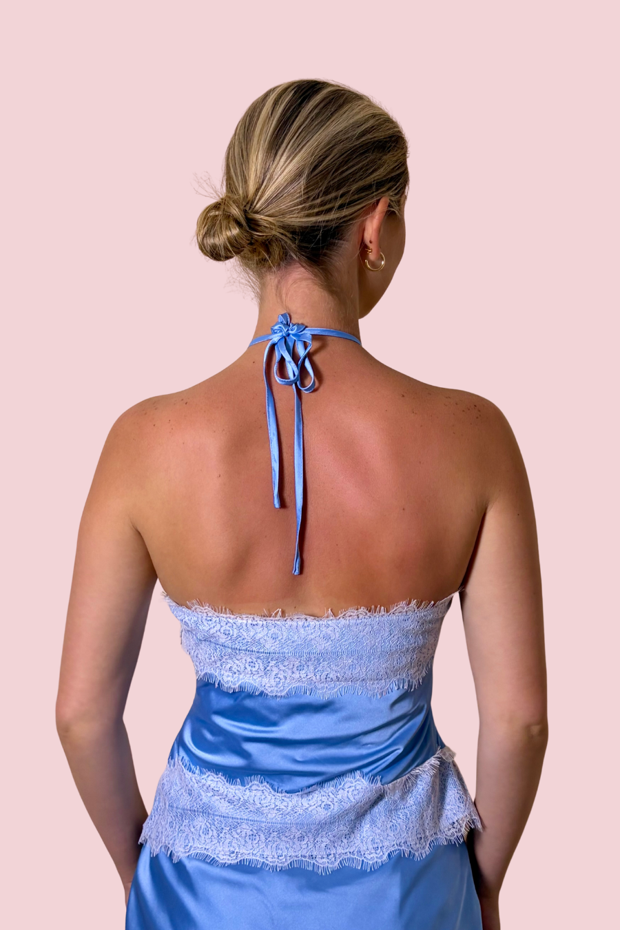 Can't Look Away Light Blue Satin Lace Trim Two Piece Set