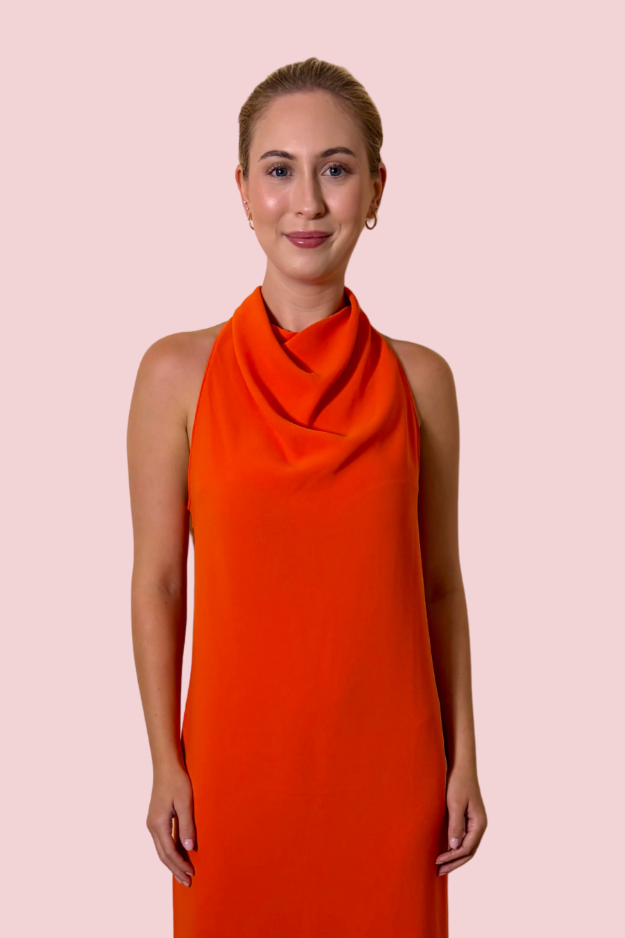 Syd Fringe Hem Midi Dress with Draped High Neck and Sleeveless Silhouette