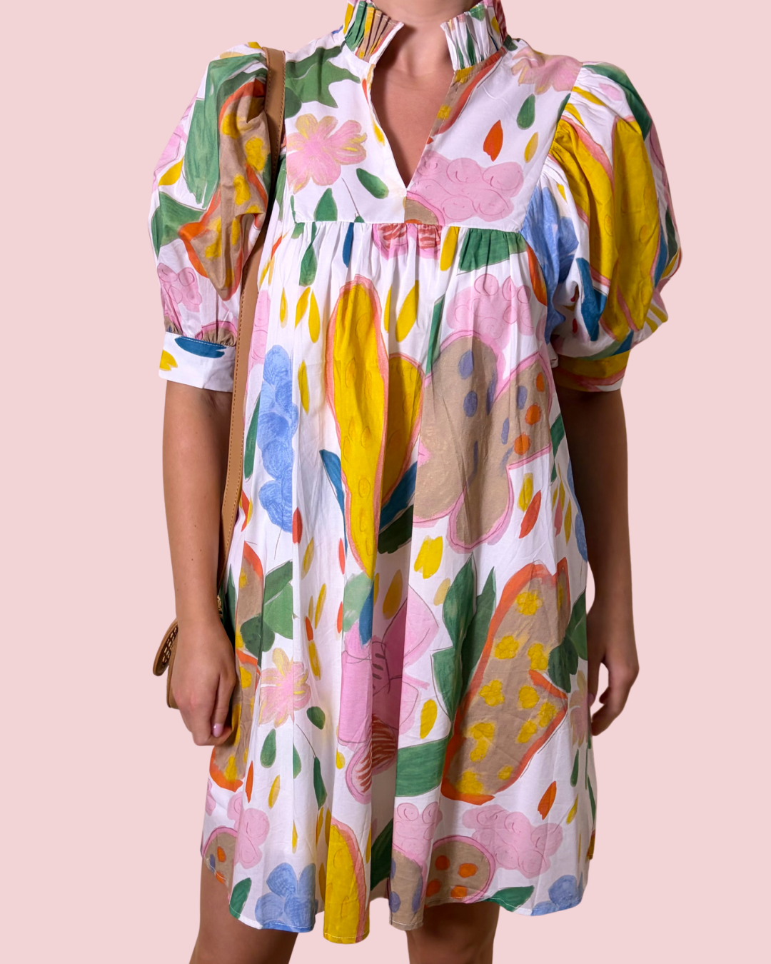 Sunshine Sketch Multicolor Floral Print Puff Sleeve Mini Dress with Ruffle Collar