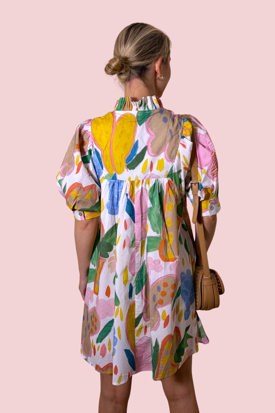 Sunshine Sketch Multicolor Floral Print Puff Sleeve Mini Dress with Ruffle Collar