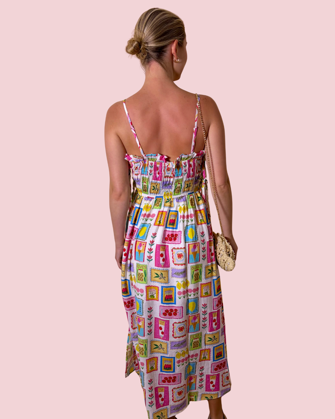 Wish You Were Here Colorful Patchwork Print Smocked Midi Dress with Adjustable Straps