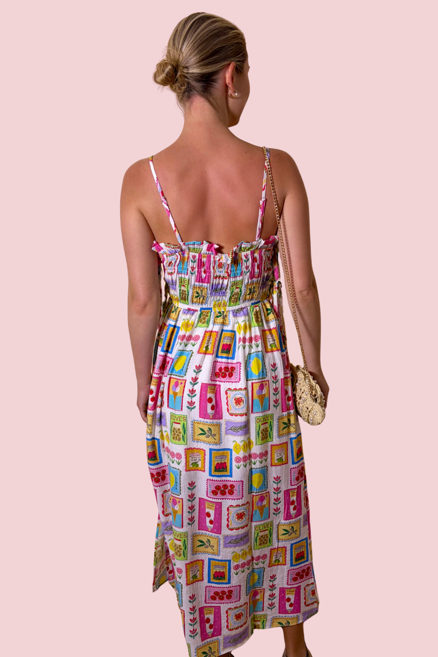 Wish You Were Here Colorful Patchwork Print Smocked Midi Dress with Adjustable Straps