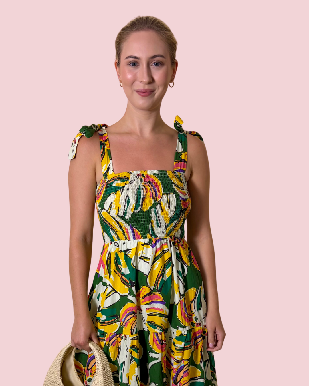 Tropic Like It's Hot Tropical Print Smocked Midi Dress with Tie Shoulder Straps