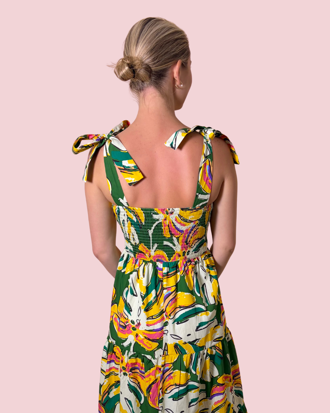 Tropic Like It's Hot Tropical Print Smocked Midi Dress with Tie Shoulder Straps