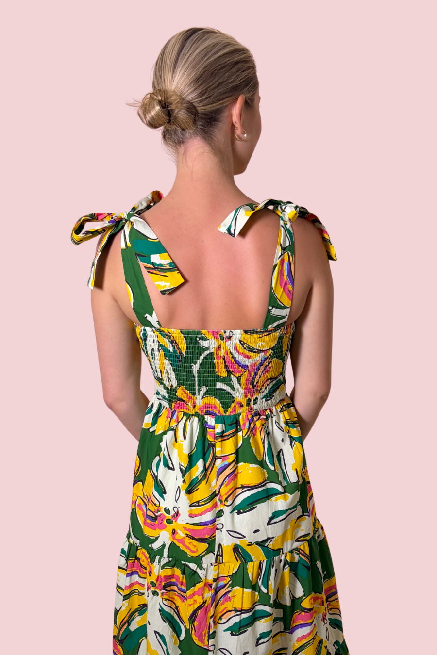 Tropic Like It's Hot Tropical Print Smocked Midi Dress with Tie Shoulder Straps