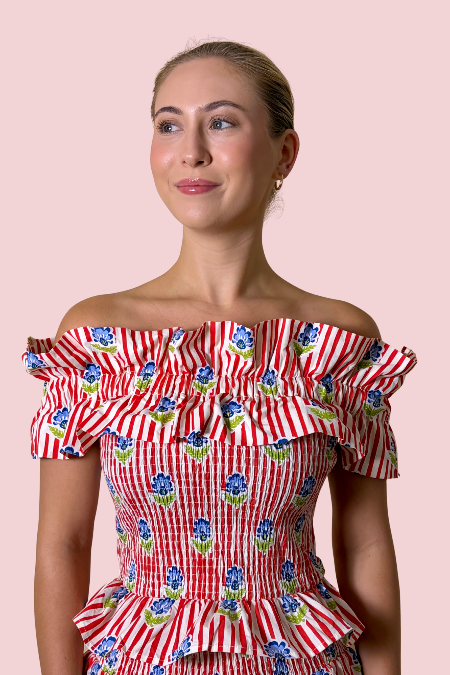 Summer Spritz Red Stripe Floral Off-the-Shoulder Smocked Peplum Top