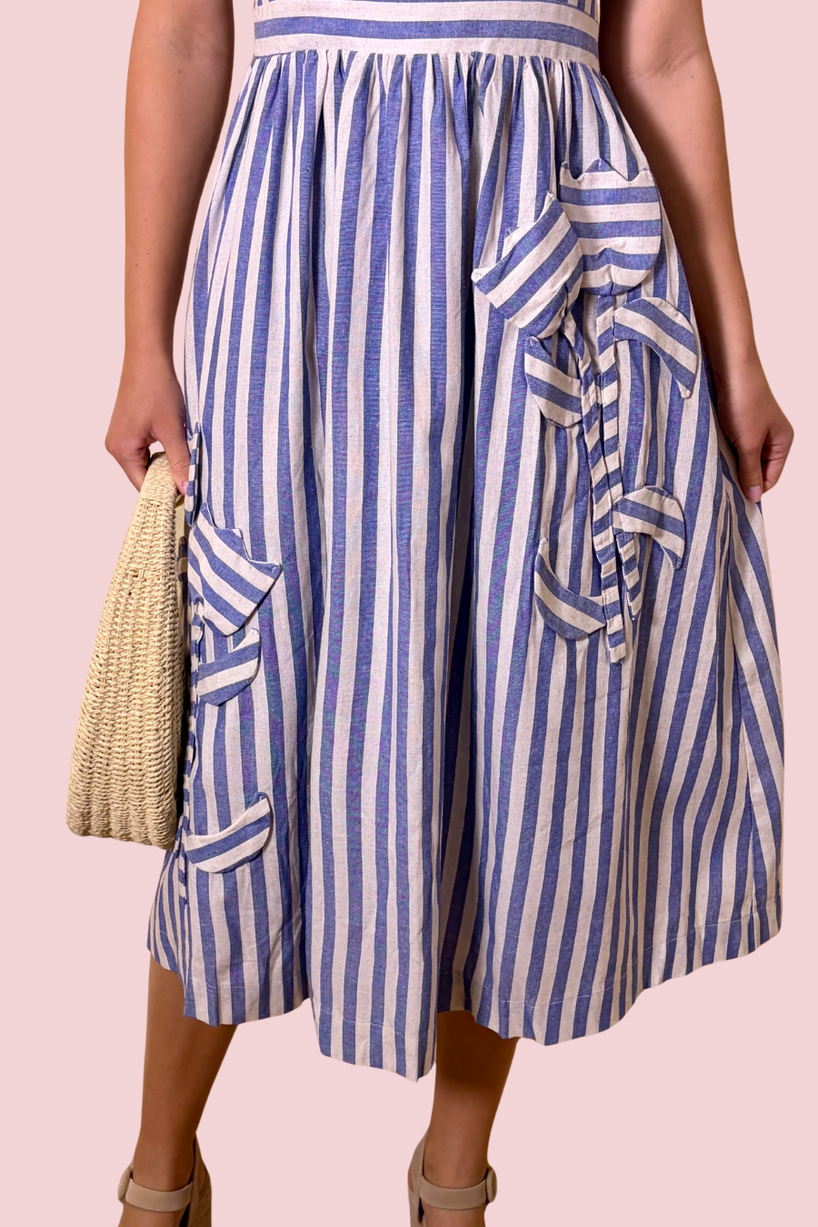 Emillia Striped 3D Floral Detail Midi Dress