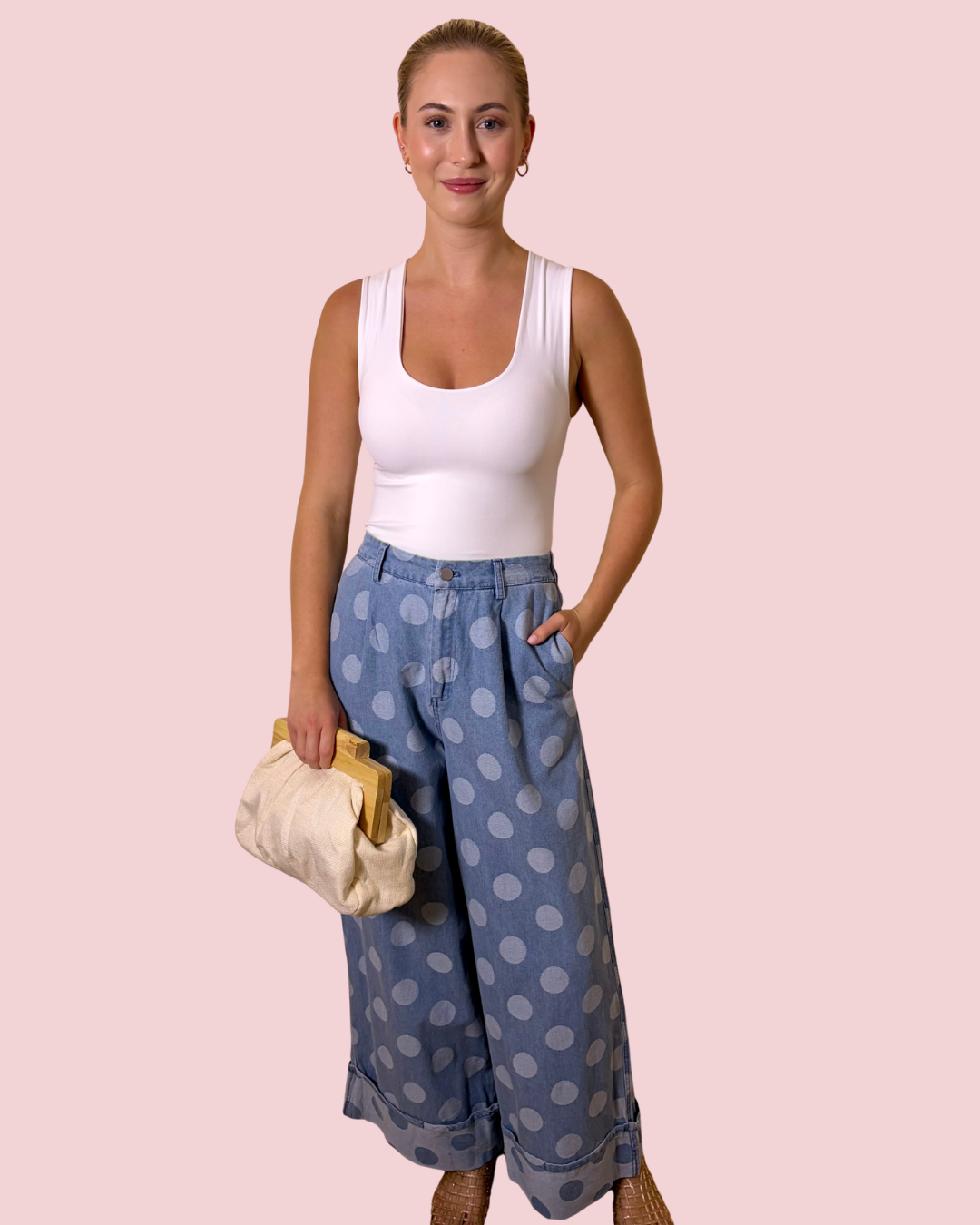 Outfit Maker Wide Leg Polka Dot Denim Jeans with Cuffed Hem and Relaxed Fit