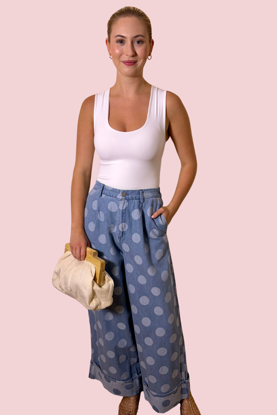 Outfit Maker Wide Leg Polka Dot Denim Jeans with Cuffed Hem and Relaxed Fit