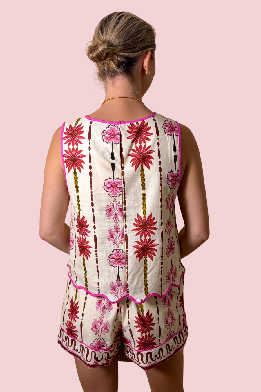 Pink Palms Floral Print Matching Top & Shorts Set with Scalloped Trim