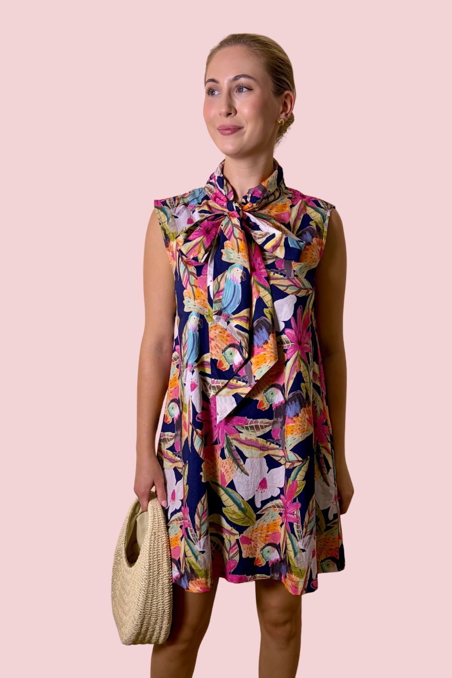 Paradise Found Tropical Print Swing Dress with Bow Neck Detail and Pockets