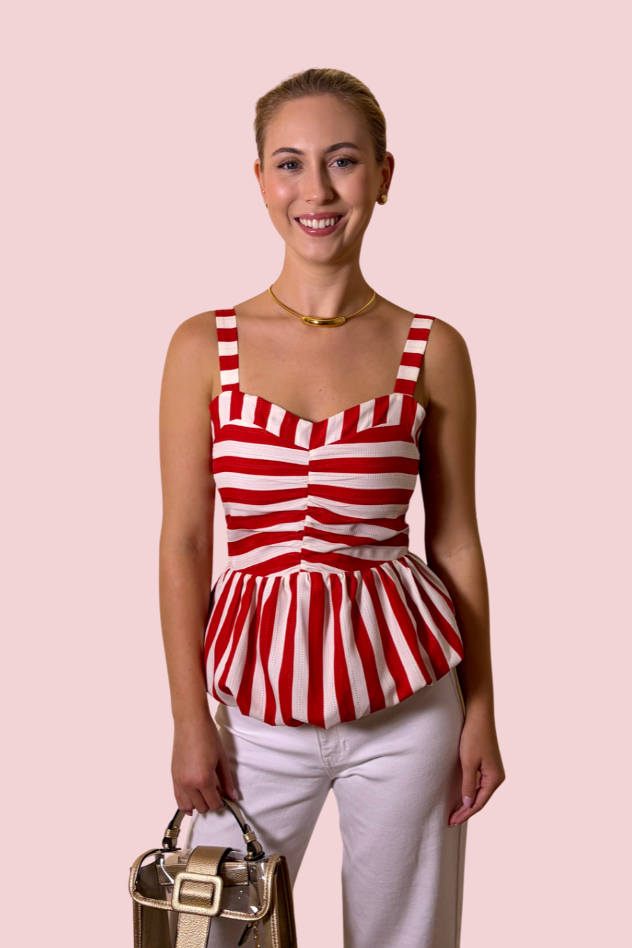 Stripe the Pose Striped Bubble Hem Sweetheart Neck Tank Top