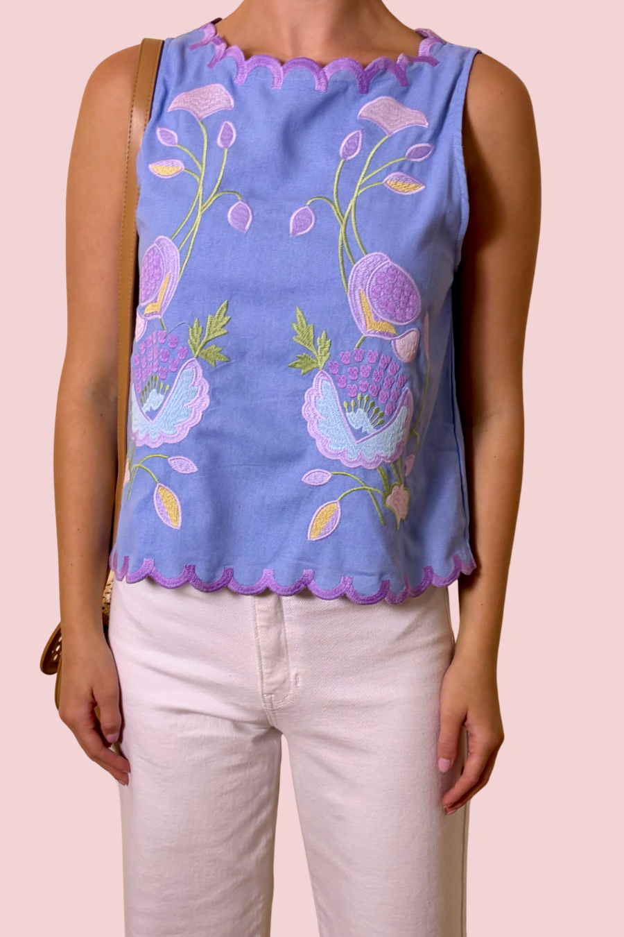 Cottage Crush Embroidered Floral Sleeveless Top with Scalloped Trim
