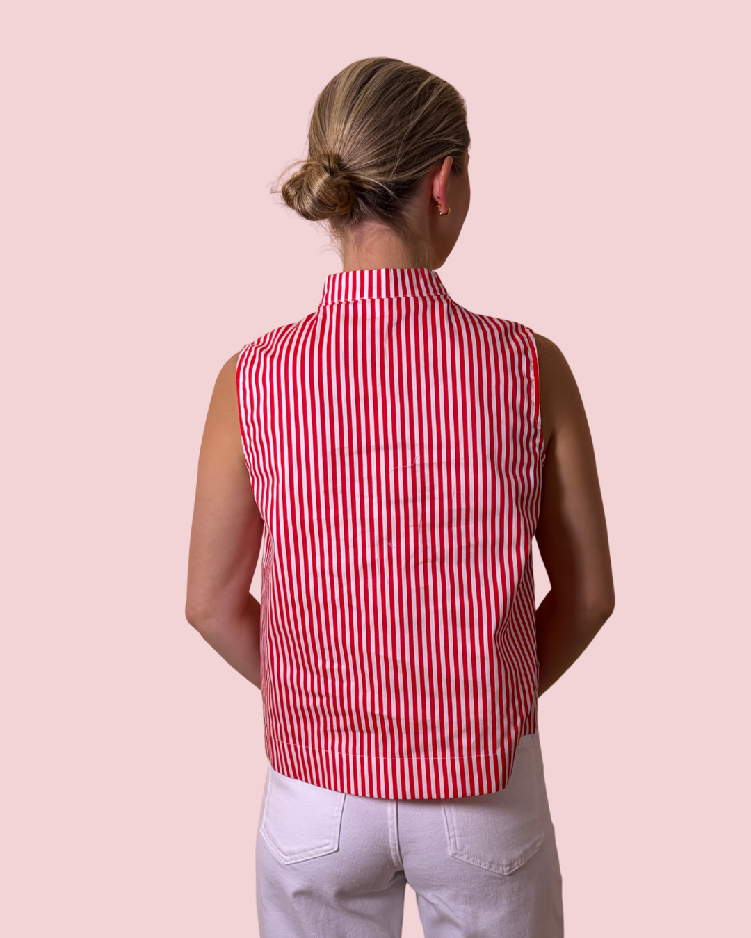 Better Than Basic Striped Sleeveless Blouse with Split Neck Collar
