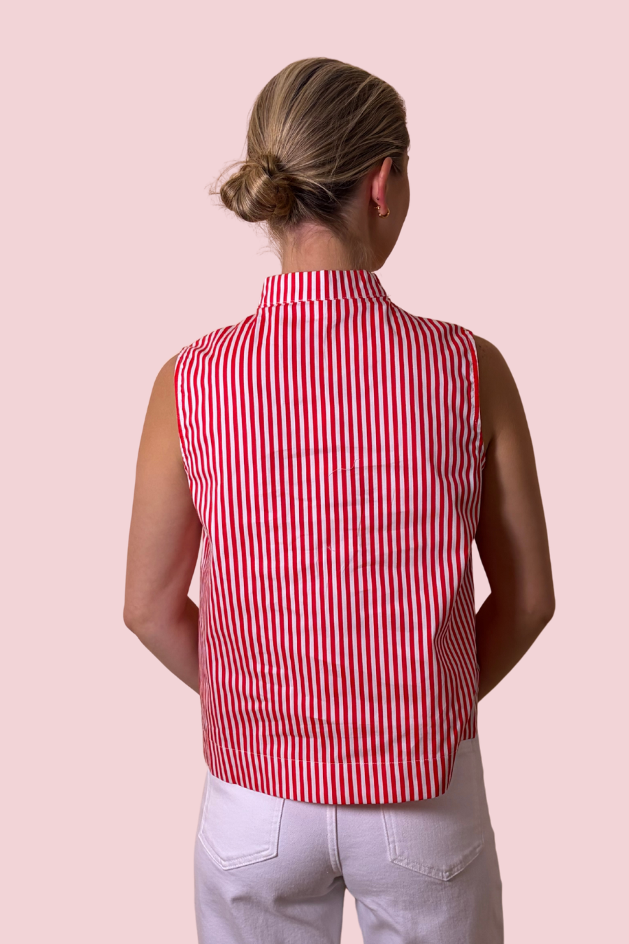 Better Than Basic Striped Sleeveless Blouse with Split Neck Collar