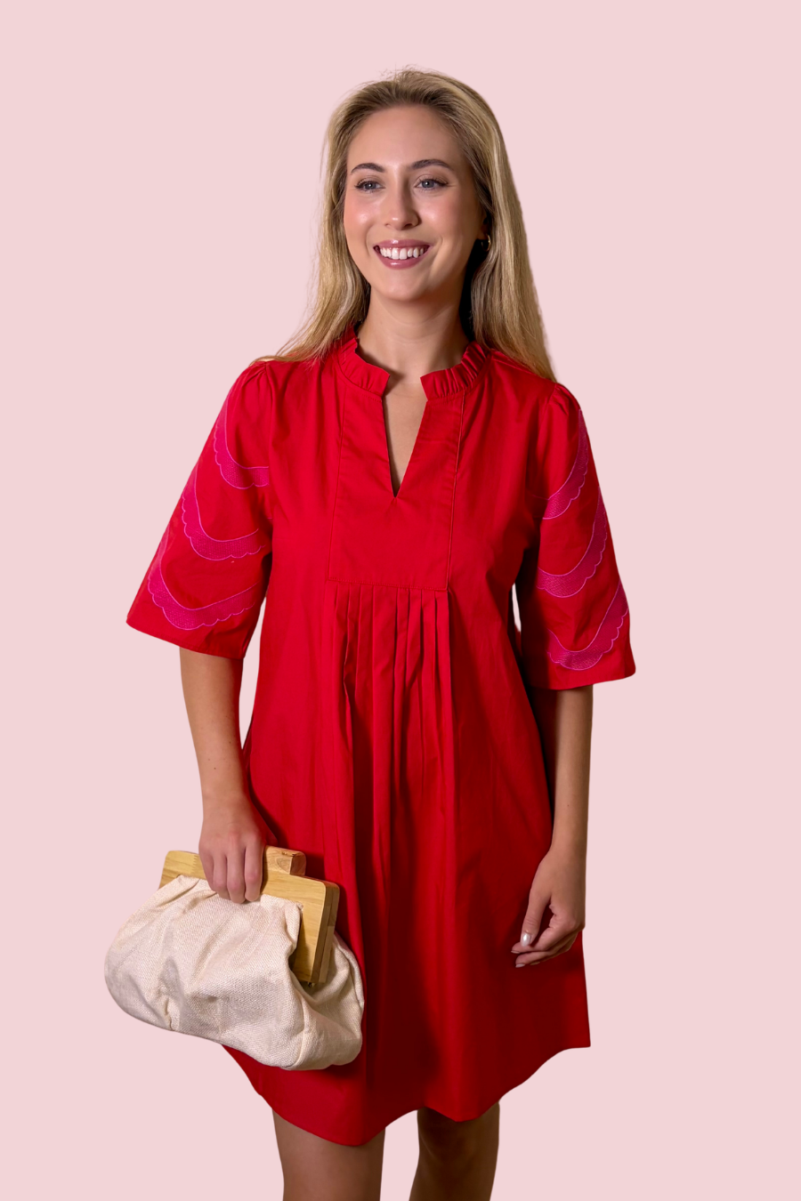 Catching Feelings Red Pleated Shift Dress with Embroidered Scallop Sleeves