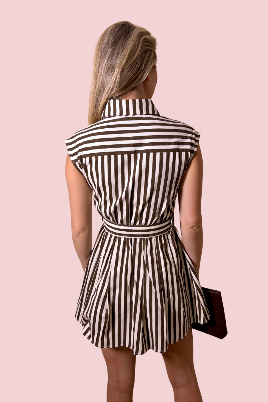Chic Society Striped Belted Button Front Mini Shirt Dress with Collared Neck
