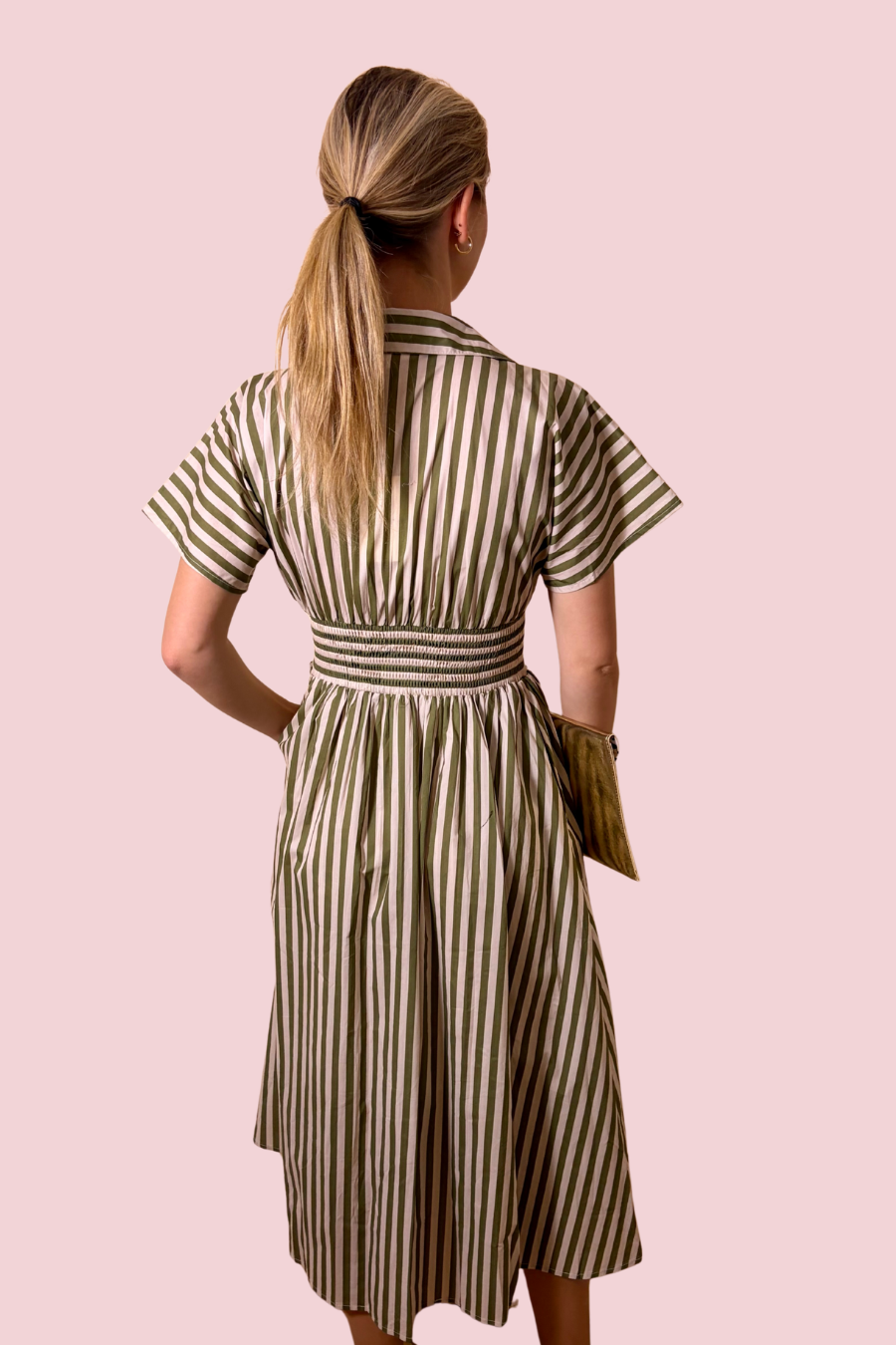Stripe Society Striped Zip Front Collared Midi Dress with Smocked Waist & Pockets