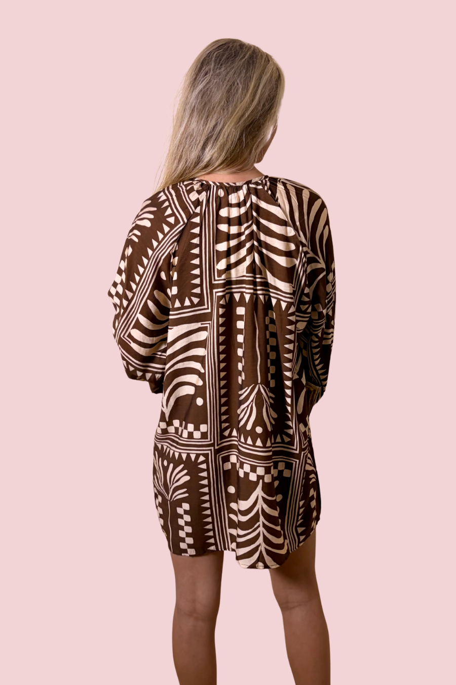Art of Style Geometric Print Long Sleeve Shift Dress with Split Neck Tassel Tie