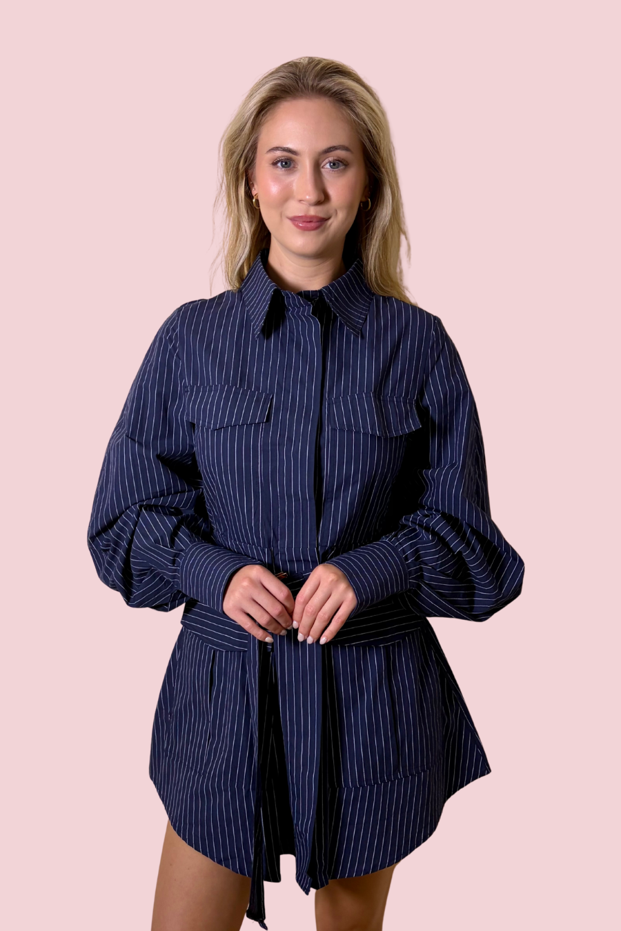 Power Move Pinstripe Belted Shirt Mini Dress with Long Balloon Sleeves & Collared Neck