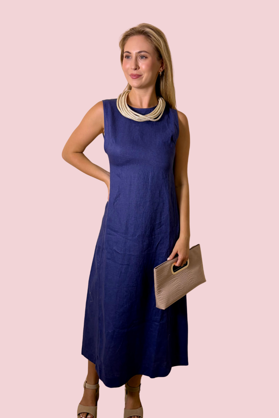 Here She Is Linen Blend Sleeveless Maxi Dress with Open Back Detail