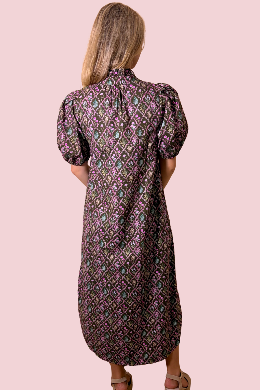 Hidden Gem Curated Relaxed Fit Printed Midi Dress with Puff Sleeves