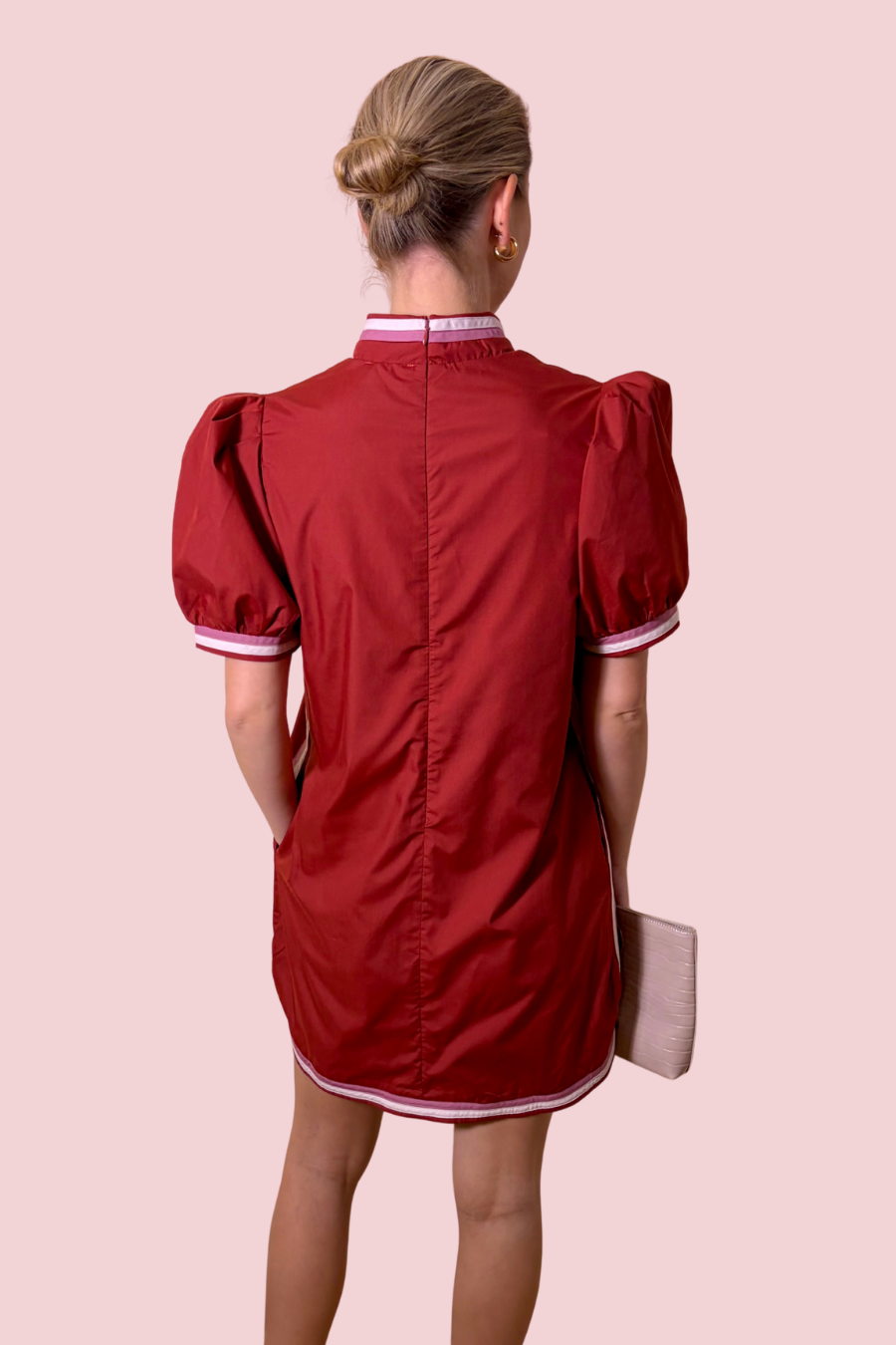 RSVP Ready Puff Sleeve Contrast Trim Shift Dress with Pockets