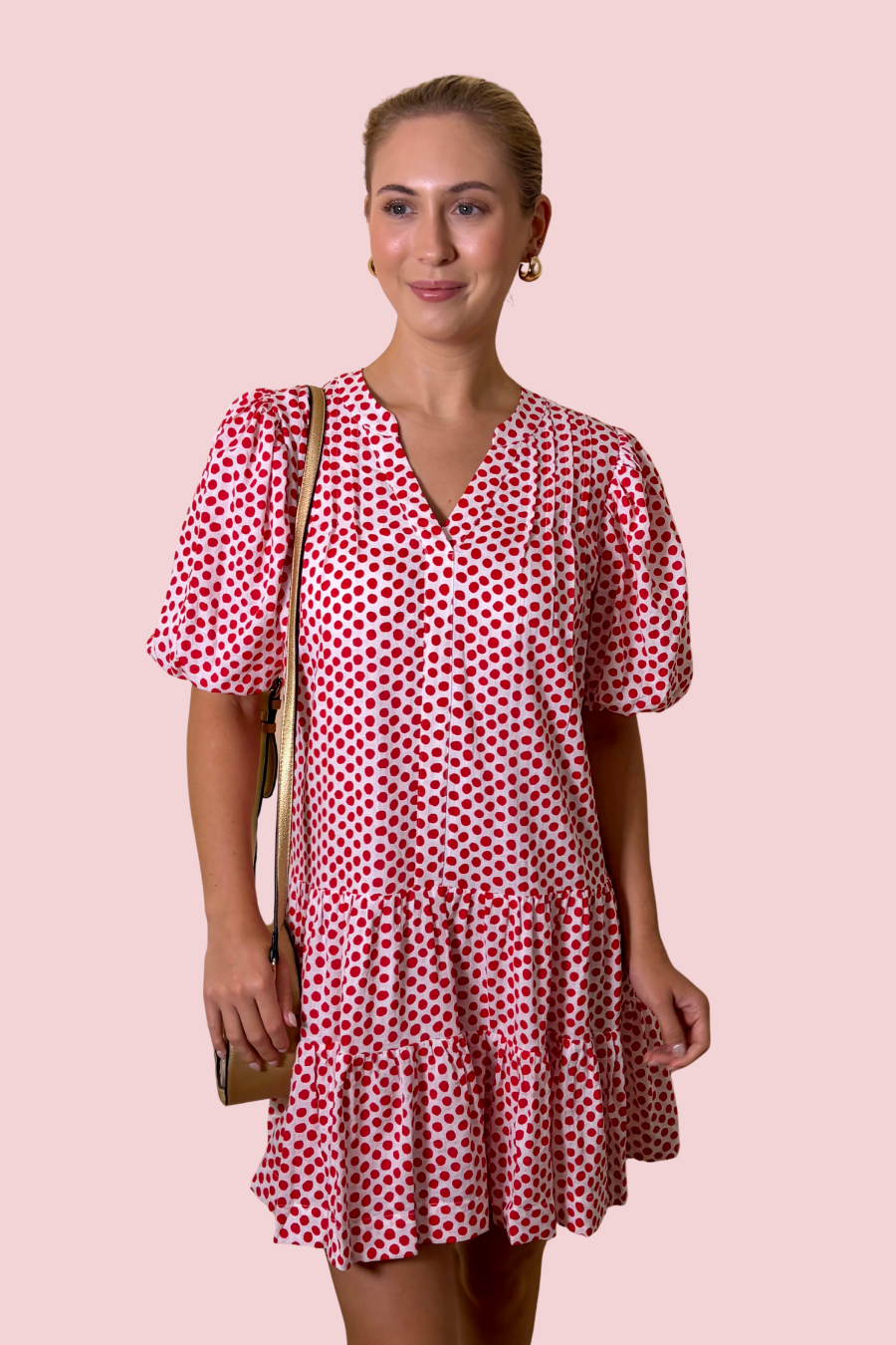 Spot Me Red Polka Dot Puff Sleeve Tiered Mini Dress with Split Neck