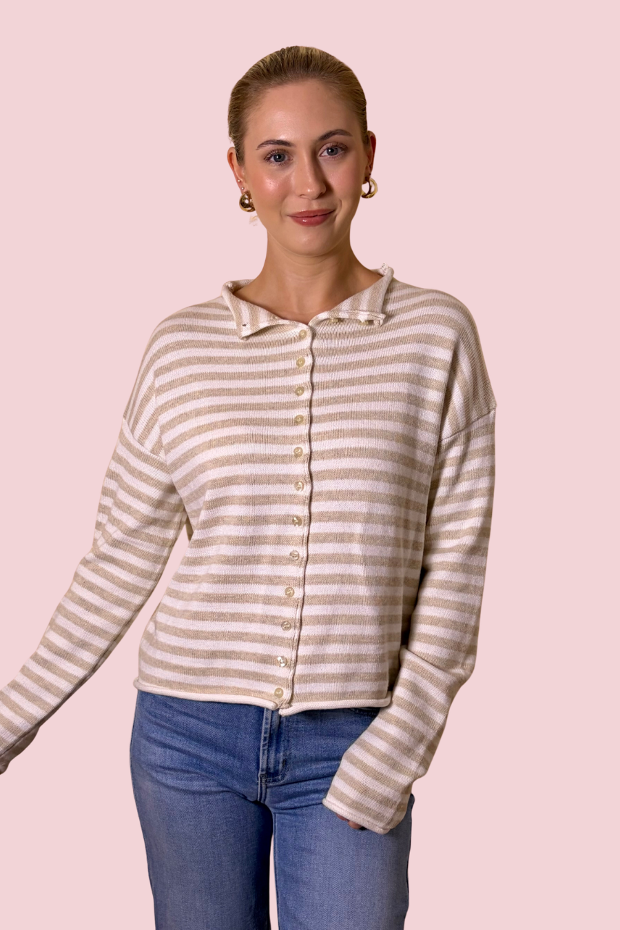 Cozy Conversations Striped Button Front Knit Cardigan Sweater with Collar