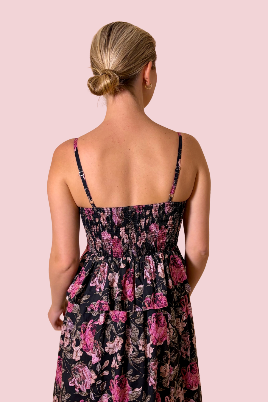 Roses After Dark Floral Smocked Midi Dress