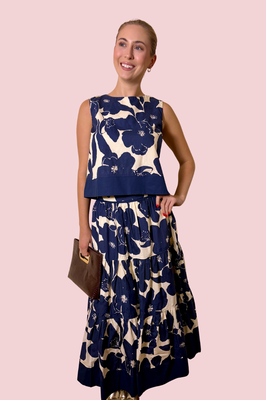 Midnight Bloom Navy Floral Tiered Midi Skirt