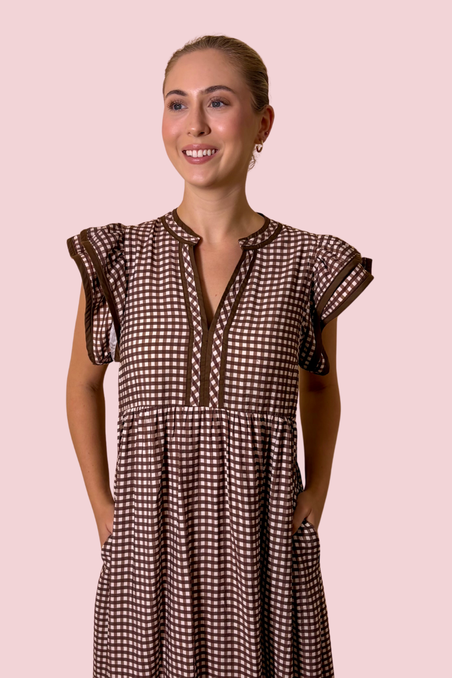 Check Me Out Brown Gingham Flutter Sleeve Tiered Midi Dress with Pockets