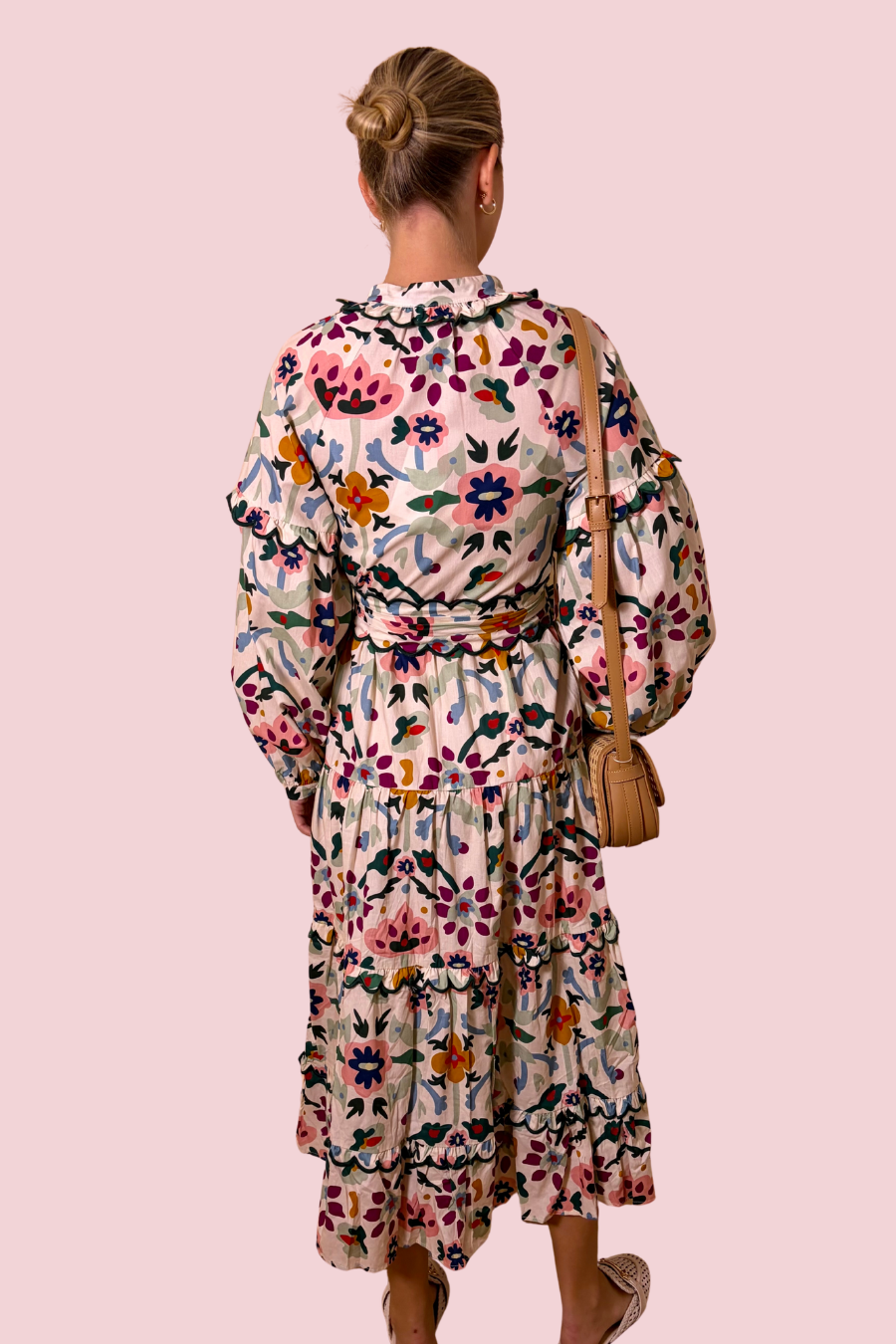 Petals & Twirls Floral Print Tiered Midi Dress with Long Sleeves