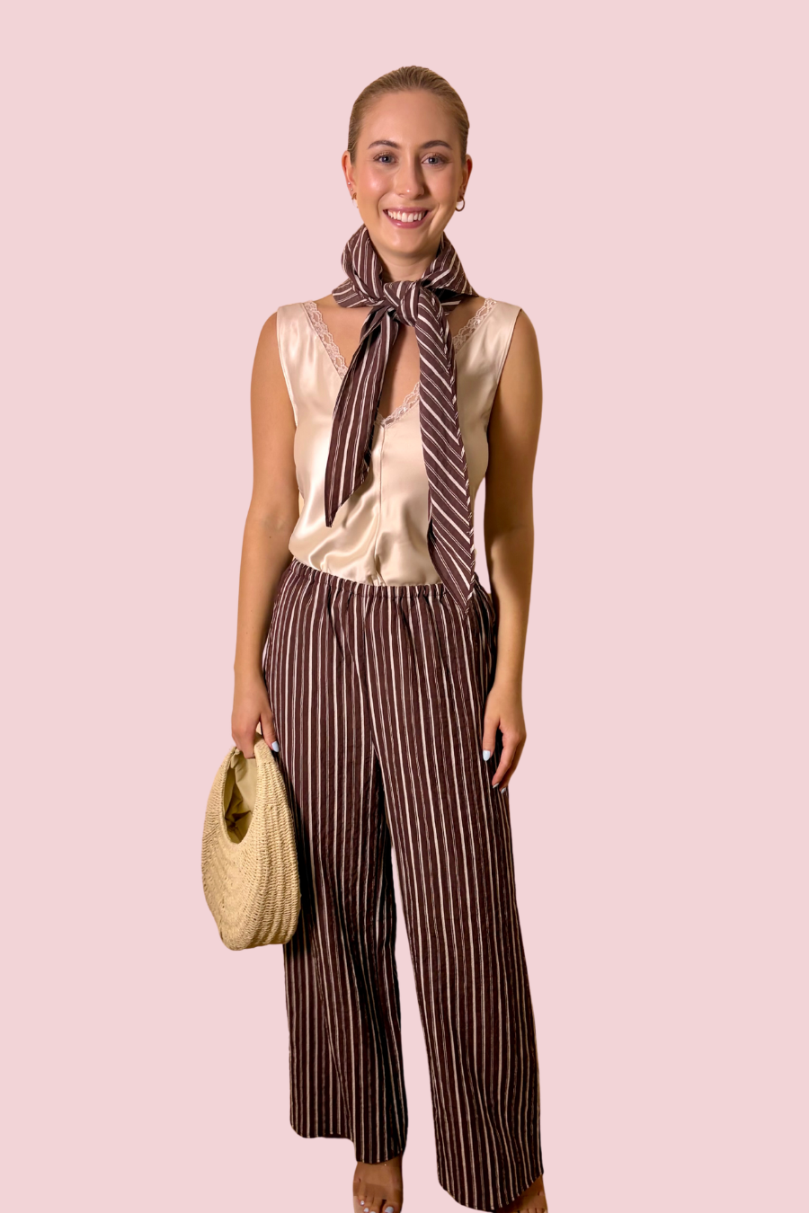 Tie It Your Way Brown Striped Wide Leg Pants with Convertible Tie Scarf