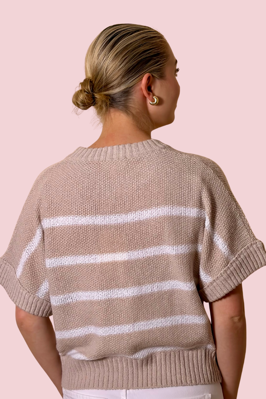 Sunday Knit Short Sleeve Sweater Top with Crew Neck and Ribbed Hem