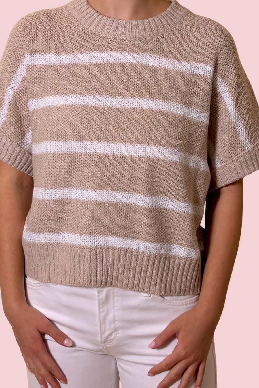Sunday Knit Short Sleeve Sweater Top with Crew Neck and Ribbed Hem