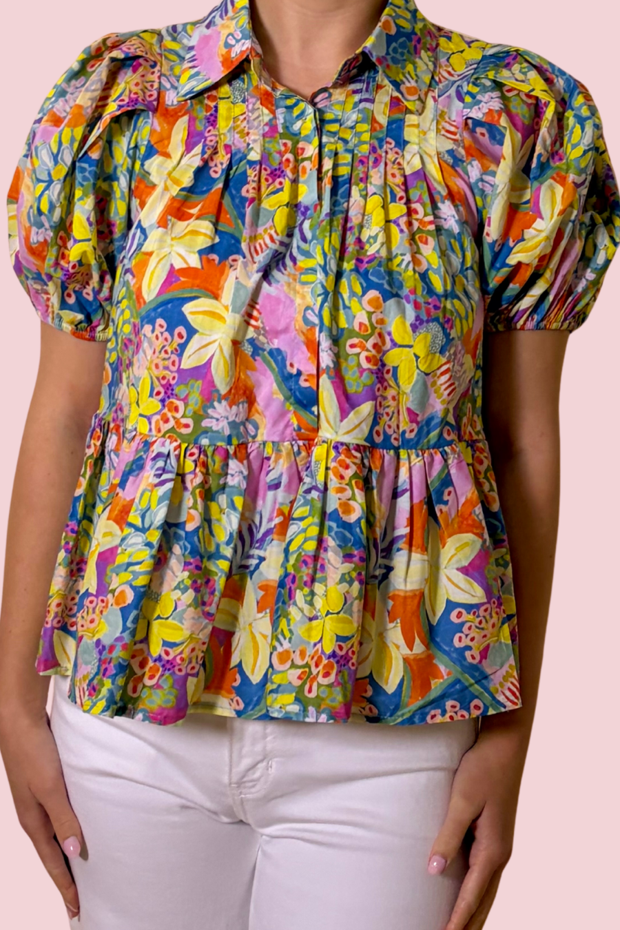 Garden Party Multicolor Floral Peplum Blouse with Puff Sleeves and Collared Neck