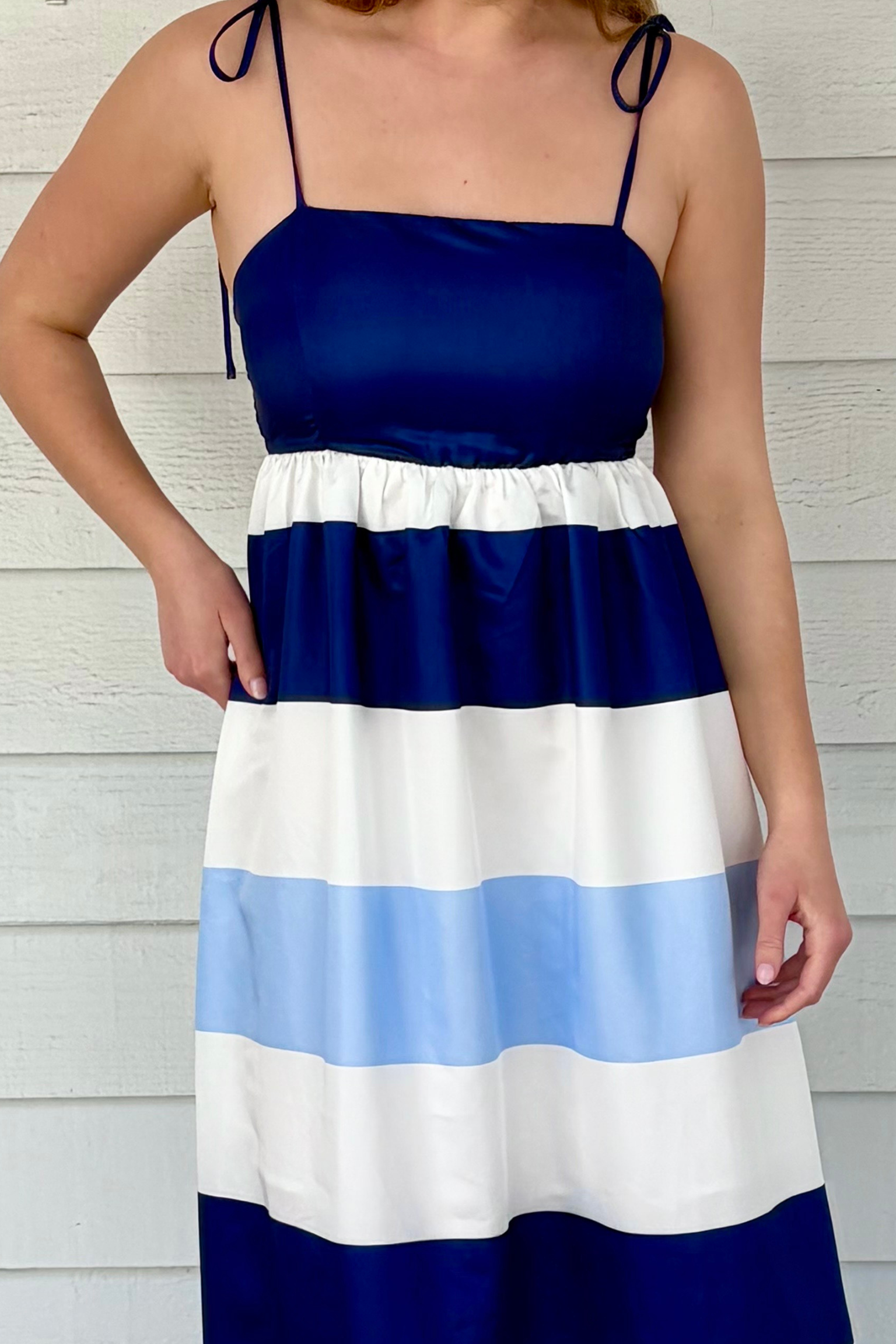 Day Dreamer Blue and White Striped Maxi Dress with Tie Straps and Ruffle Hem
